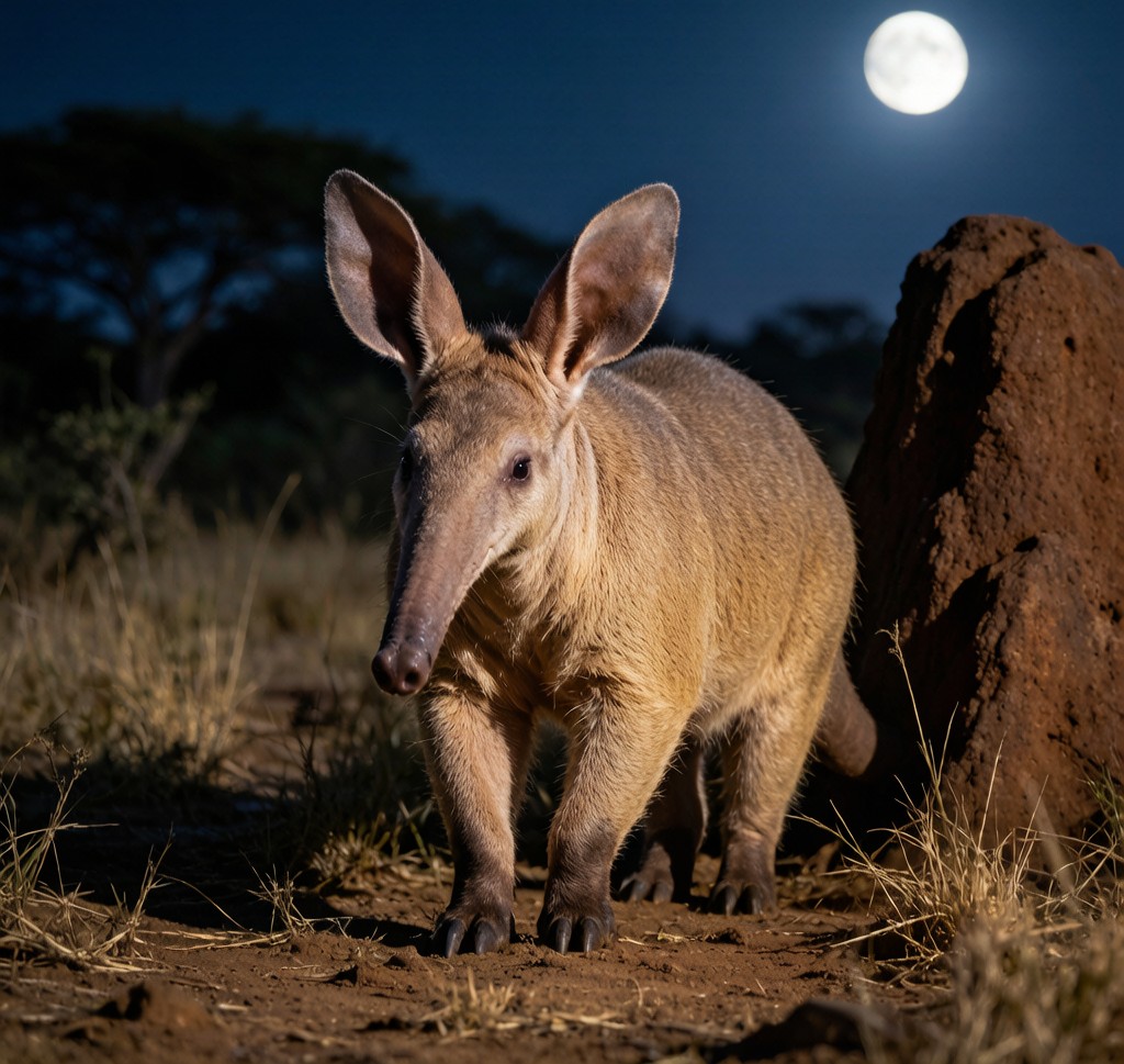 An Aardvark (Orycteropus afer) emerging from its burrow at dusk in the African savanna, showing its distinctive long snout and large ears