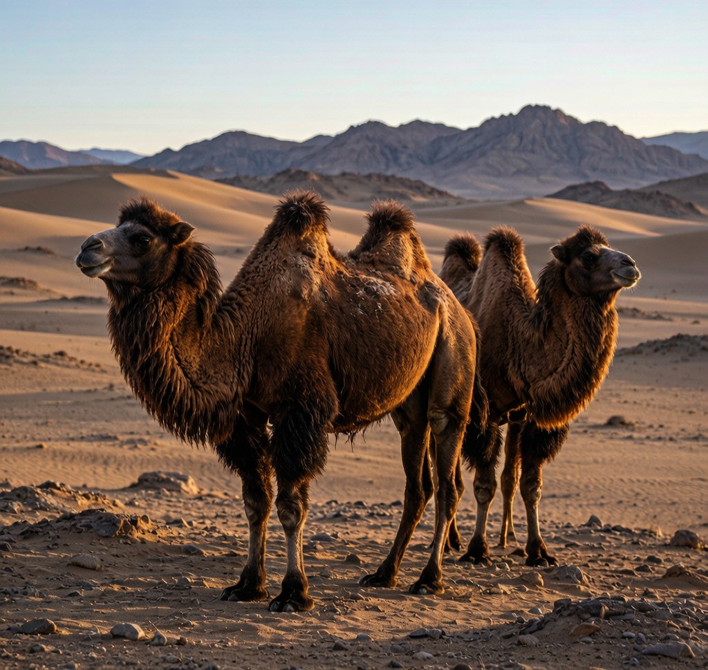 Two Bactrian Camels (Camelus bactrianus) in the Gobi Desert, showing their distinctive two humps and shaggy winter coat