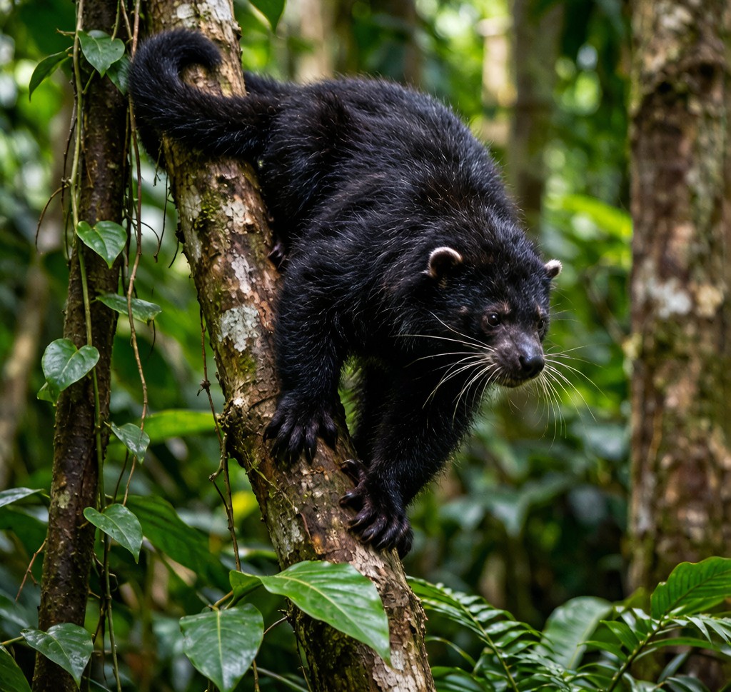 A Binturong (Arctictis binturong) climbing a tree in the Southeast Asian tropical rainforest, showing its prehensile tail and shaggy black fur