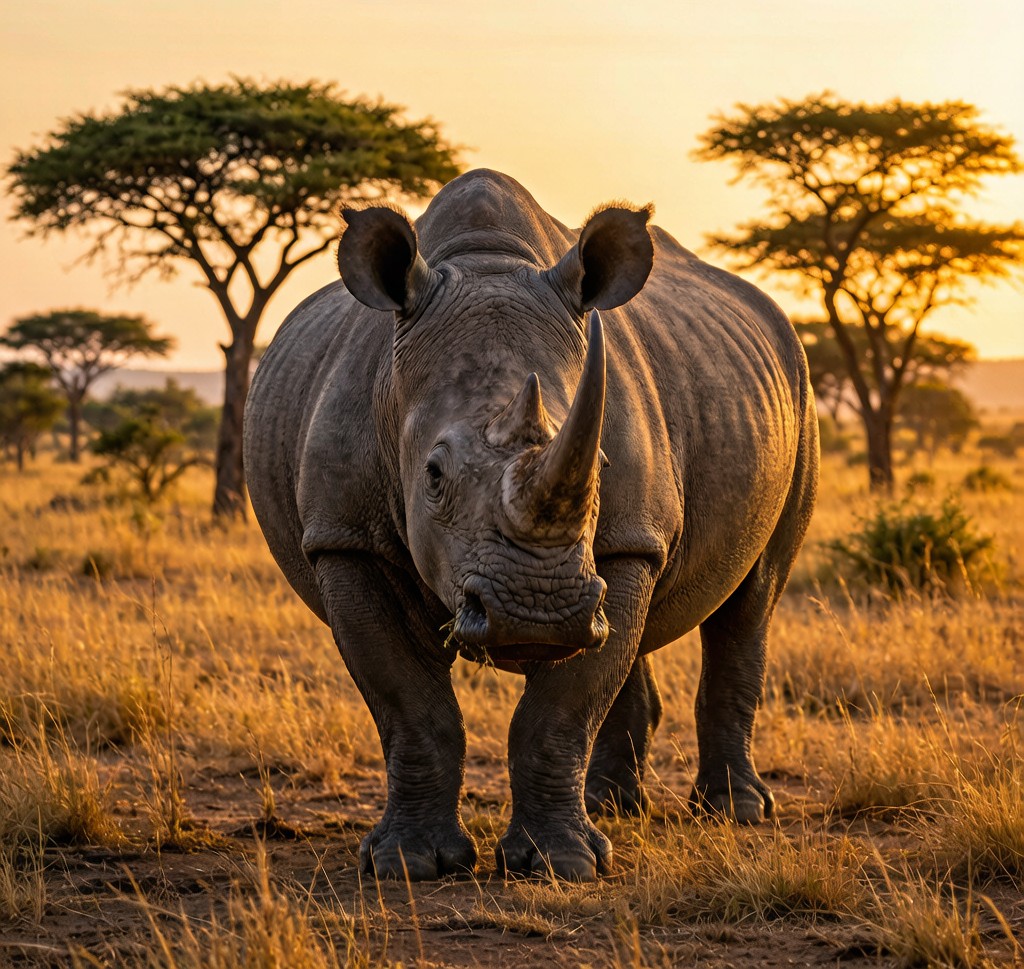 A Black Rhinoceros (Diceros bicornis) standing in the African savanna with its distinctive hooked prehensile upper lip