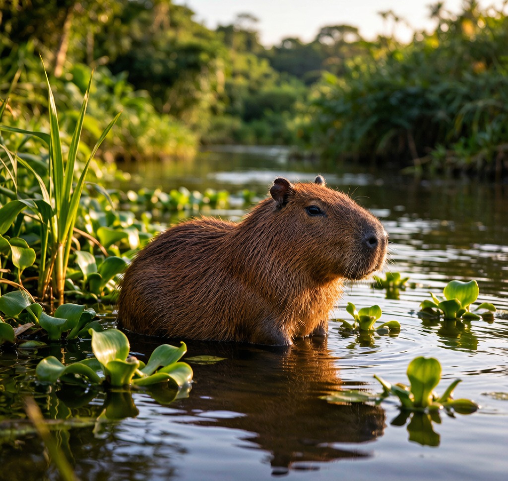 A Capybara (Hydrochoerus hydrochaeris) resting in a tropical wetland in Venezuela
