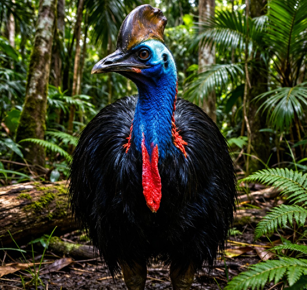 A Southern Cassowary (Casuarius casuarius) standing in the tropical rainforest of Queensland, showing its distinctive helmet, blue face, and red wattle
