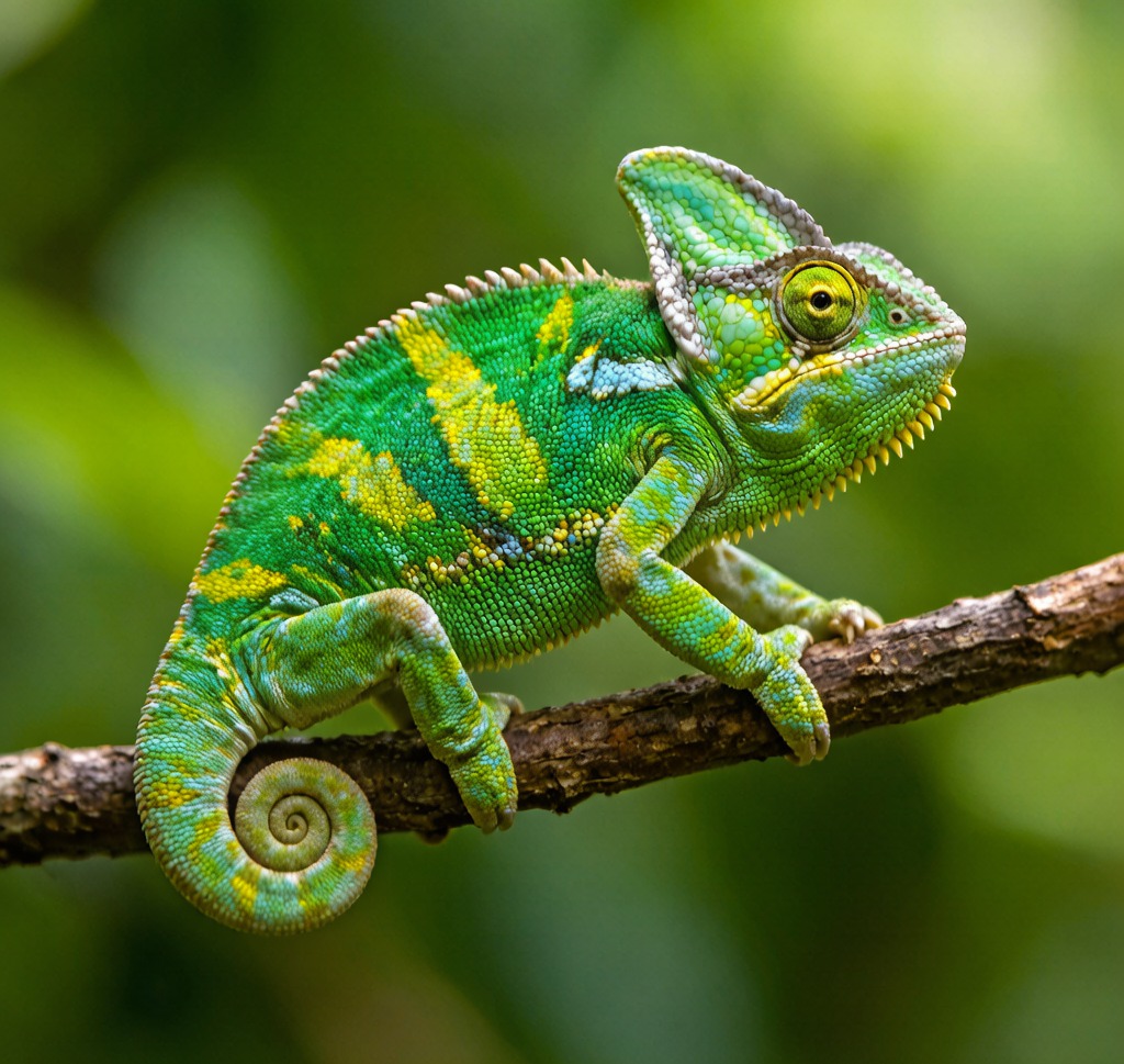 A Veiled Chameleon (Chamaeleo calyptratus) perched on a branch in a Yemeni desert garden