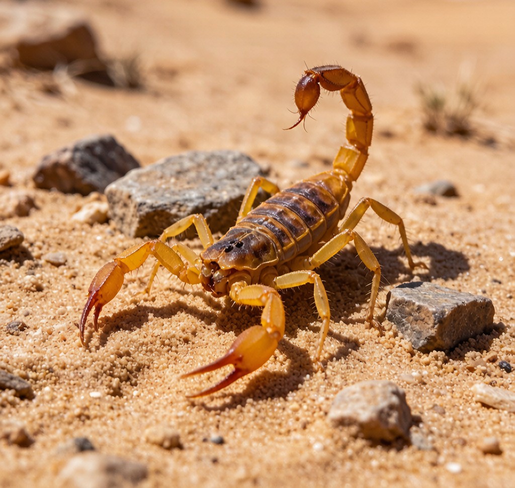A Deathstalker Scorpion (Leiurus quinquestriatus) on sandy desert ground, showing its pale yellow coloration and powerful curved stinger