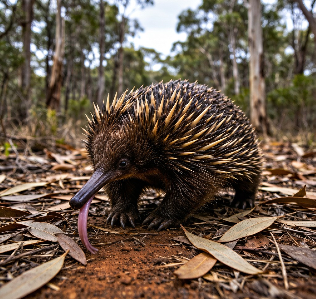 A Short-beaked Echidna (Tachyglossus aculeatus) walking through Australian bushland with its spines and long sticky tongue visible