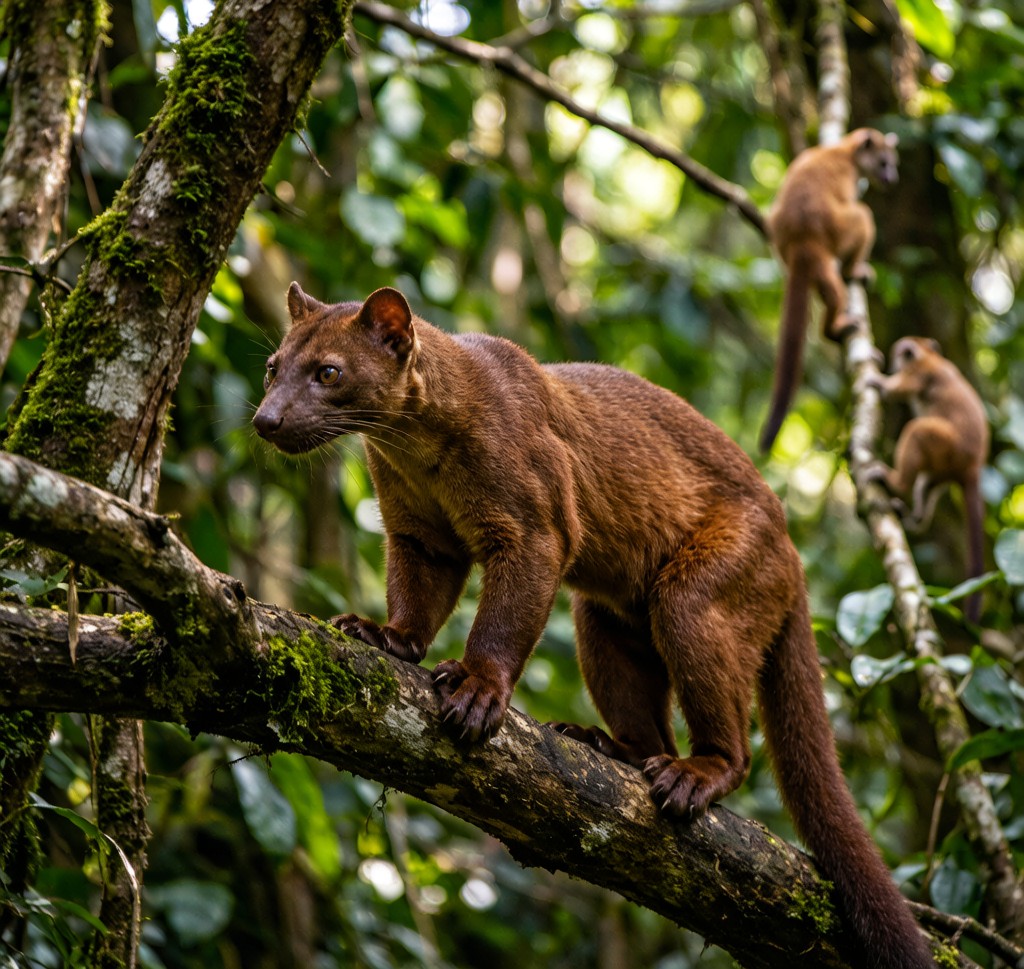 A Fossa (Cryptoprocta ferox) on a tree branch in the Madagascar rainforest, showing its cat-like body and long tail