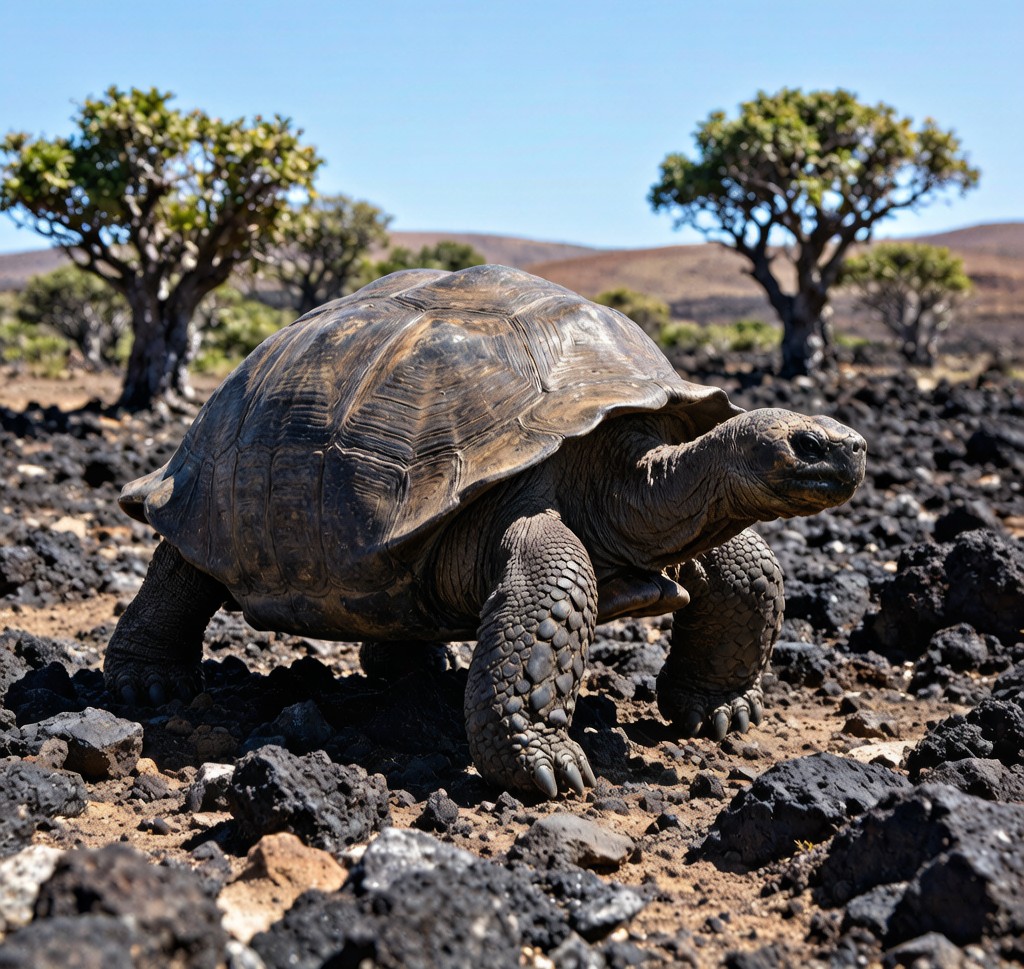 A Galapagos Giant Tortoise (Chelonoidis nigra) walking across the volcanic landscape of the Galapagos Islands, showing its enormous domed shell