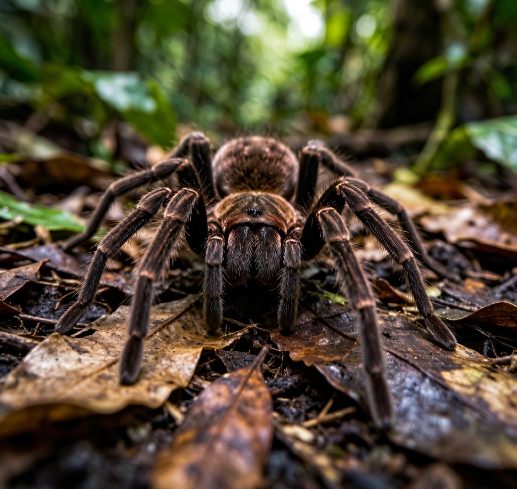 A Goliath Birdeater Tarantula (Theraphosa blondi) resting on the Amazon rainforest floor, showing its enormous leg span and hairy body