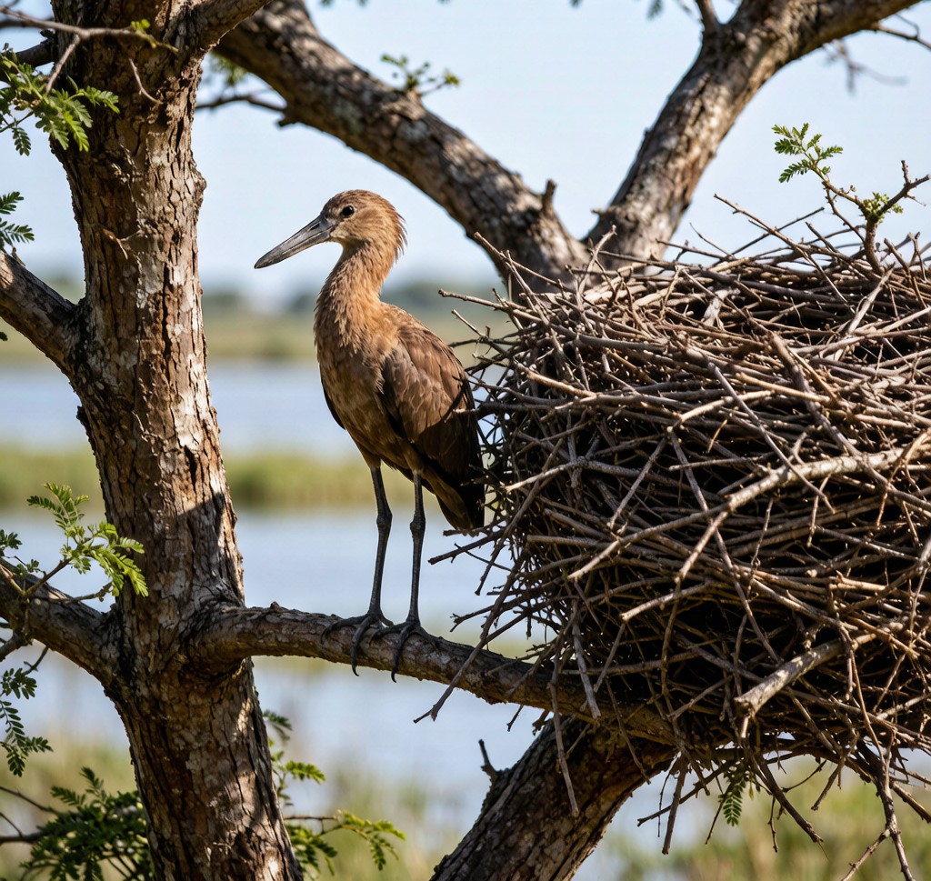 A Hammerkop (Scopus umbretta) standing beside its enormous stick nest on an African acacia tree, with its distinctive hammer-shaped head profile visible