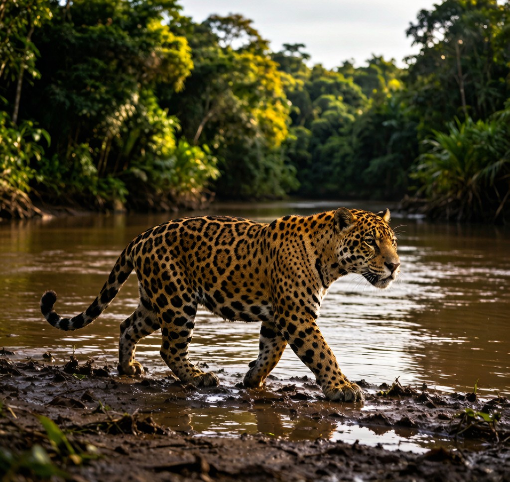 A wild Jaguar (Panthera onca) walking along a tropical riverbank in the Amazon rainforest