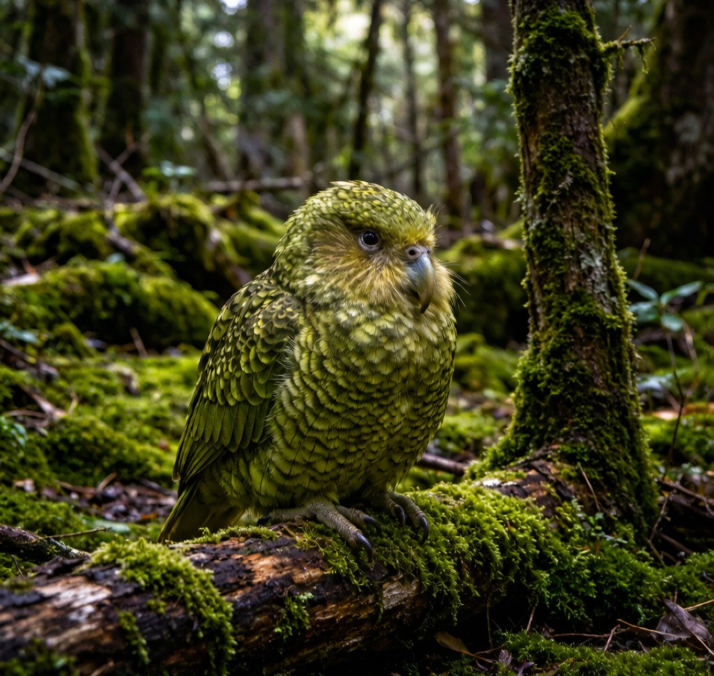 A Kakapo (Strigops habroptila) perched on a mossy log in a New Zealand podocarp forest, displaying its owl-like face and distinctive green plumage