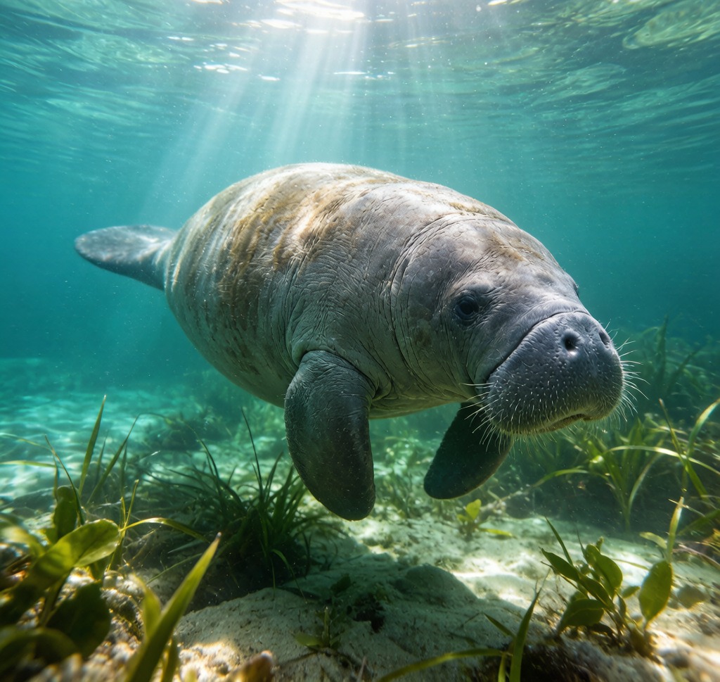 A Florida Manatee (Trichechus manatus) swimming slowly in crystal-clear spring water at Crystal River, Florida
