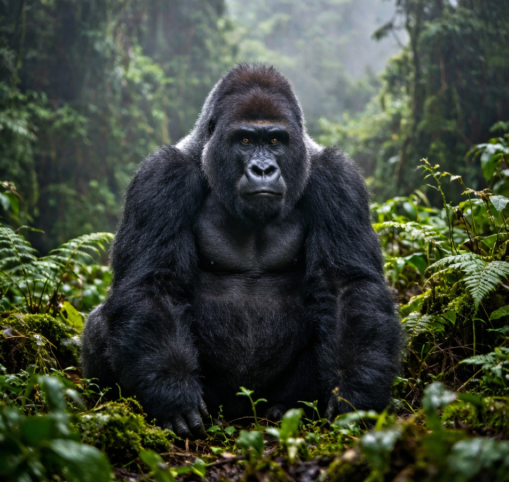 A Mountain Gorilla (Gorilla beringei beringei) silverback male in the misty montane forest of the Virunga Mountains