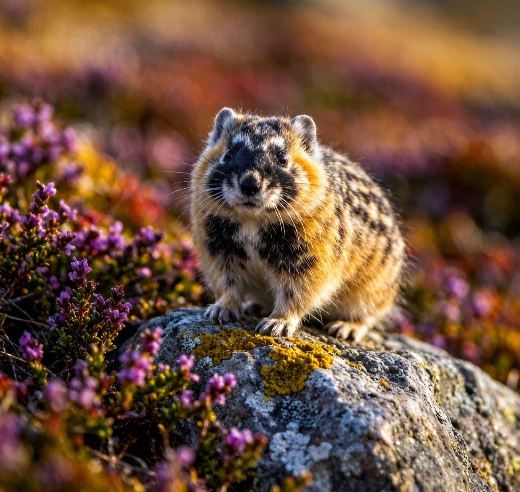 A Norwegian Lemming (Lemmus lemmus) standing on a lichen-covered rock in the Scandinavian tundra, showing its distinctive yellow-brown and black markings