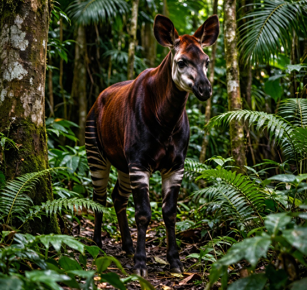 An Okapi (Okapia johnstoni) standing in the dense Ituri rainforest of the Democratic Republic of Congo, showing its zebra-like leg stripes