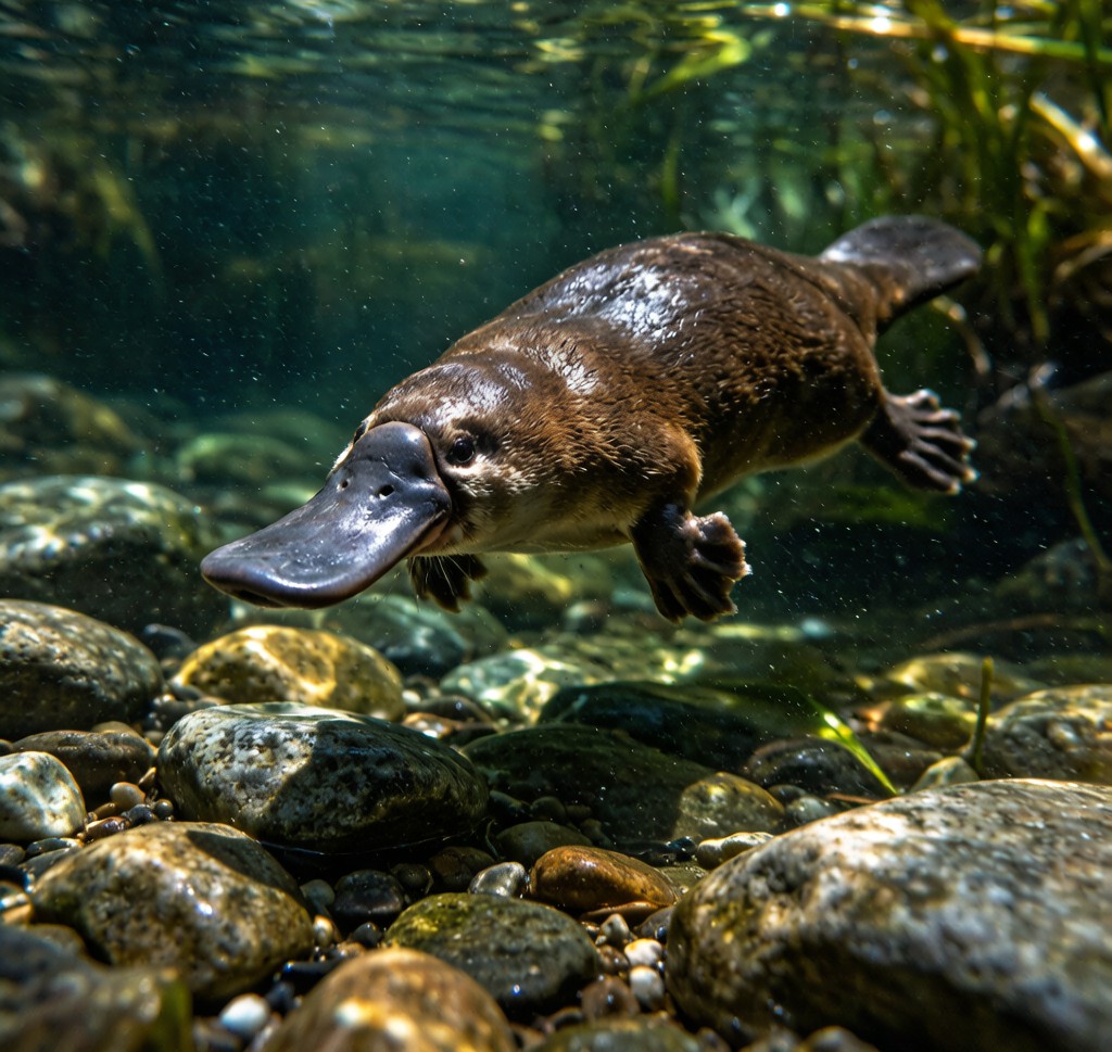 A Platypus (Ornithorhynchus anatinus) swimming in an Australian freshwater stream, showing its duck-like bill and sleek waterproof fur
