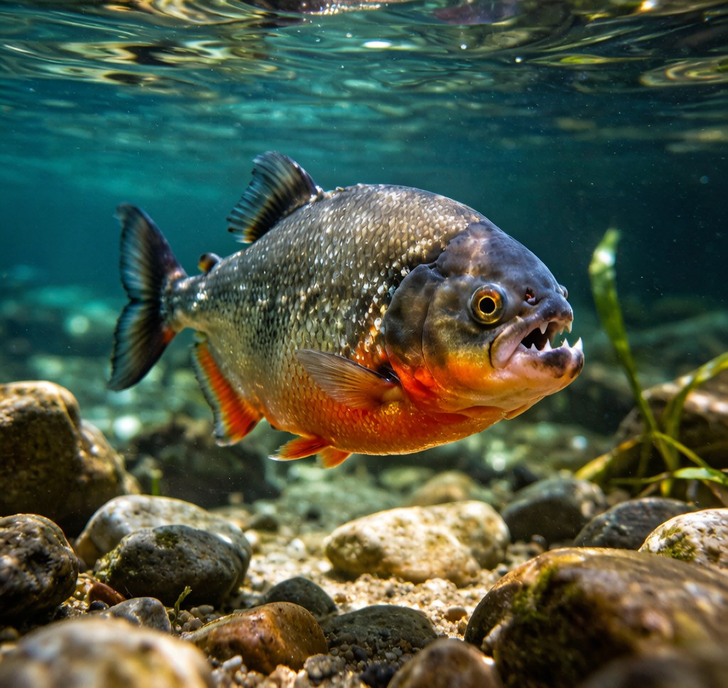 A Red-bellied Piranha (Pygocentrus nattereri) in clear Amazon river water, displaying its distinctive red underparts and sharp teeth