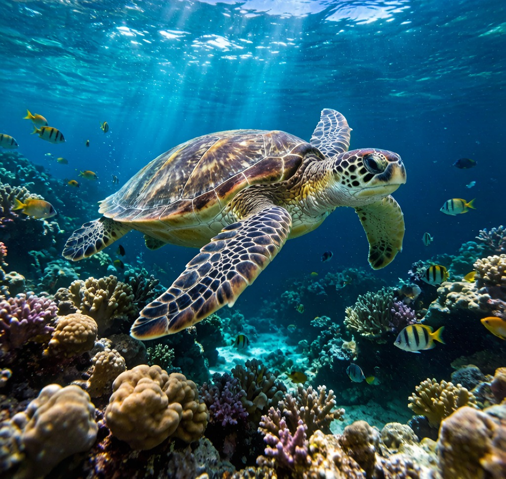 A Green Sea Turtle (Chelonia mydas) gliding over a coral reef in the Caribbean Sea