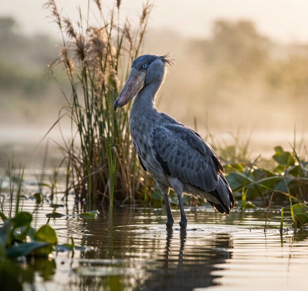 A Shoebill (Balaeniceps rex) standing in shallow swamp water in Central African wetland, showing its enormous shoe-shaped bill
