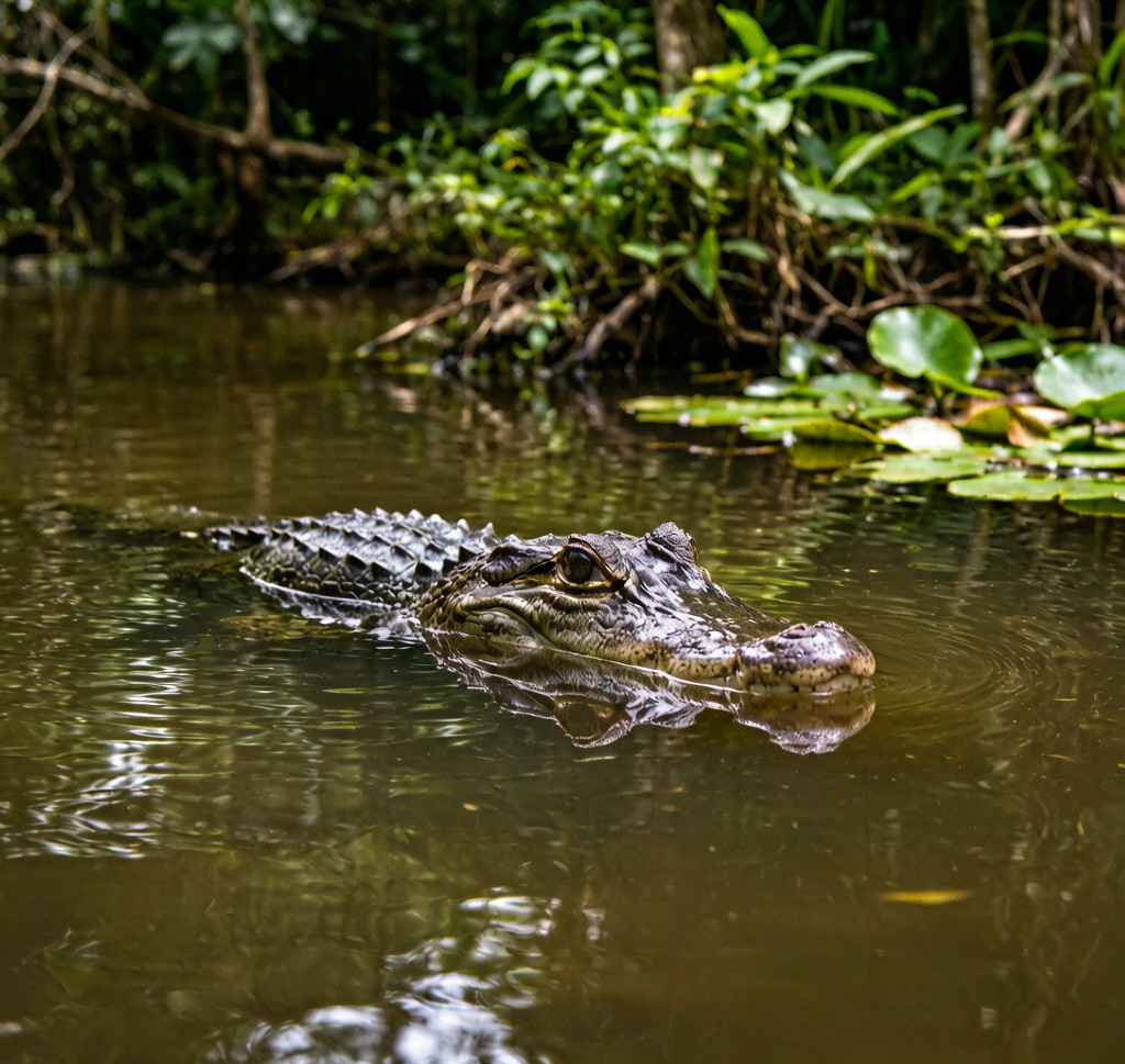 A Spectacled Caiman (Caiman crocodilus) floating in a tropical river with its characteristic bony ridge between the eyes
