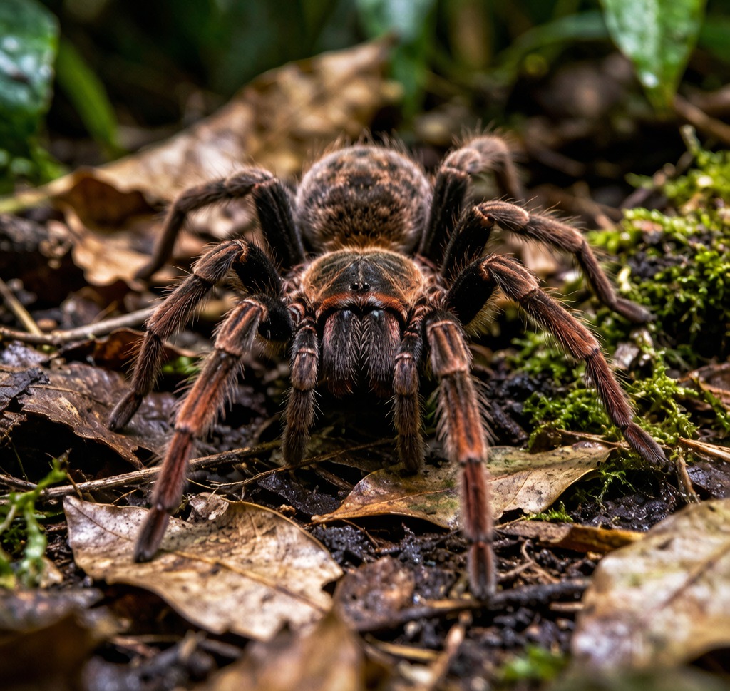 A Goliath Birdeater Tarantula (Theraphosa blondi) on the rainforest floor in the Amazon basin