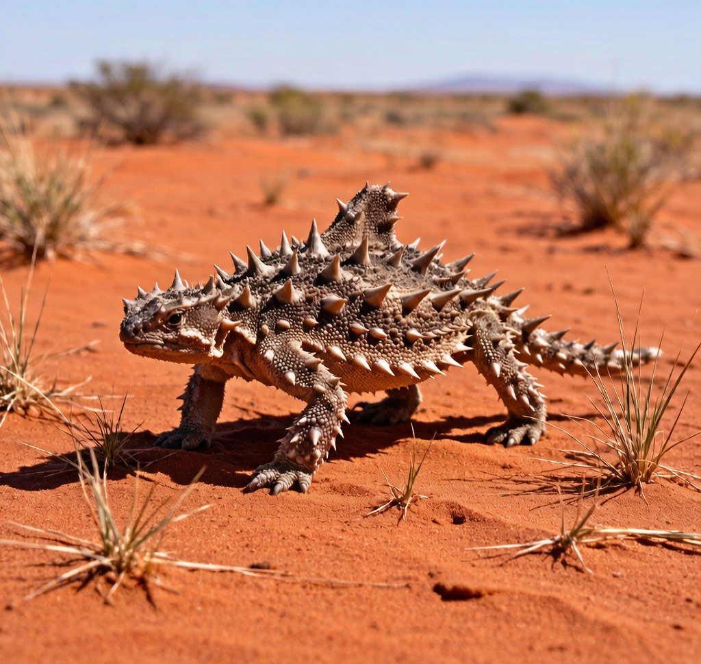 A Thorny Devil (Moloch horridus) walking across red Australian desert sand, displaying its extraordinary body covered in conical spines