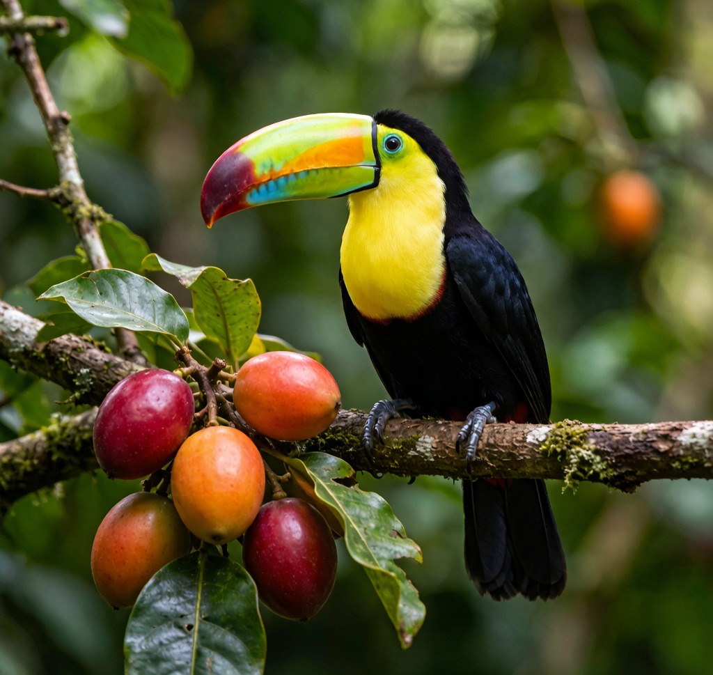 A Keel-billed Toucan (Ramphastos sulfuratus) perched on a branch in a Central American rainforest