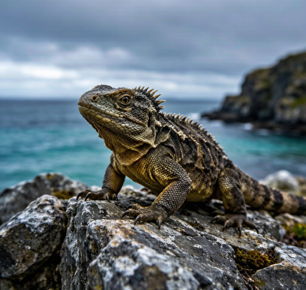 A Tuatara (Sphenodon punctatus) resting on a coastal rock on Stephens Island, New Zealand, showing its distinctive spiny crest along the back