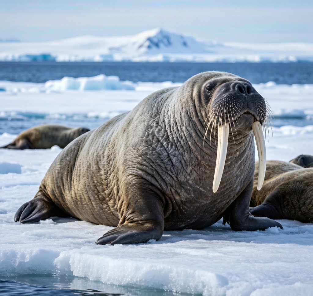 A Pacific Walrus (Odobenus rosmarus divergens) hauled out on sea ice in the Chukchi Sea, Alaska