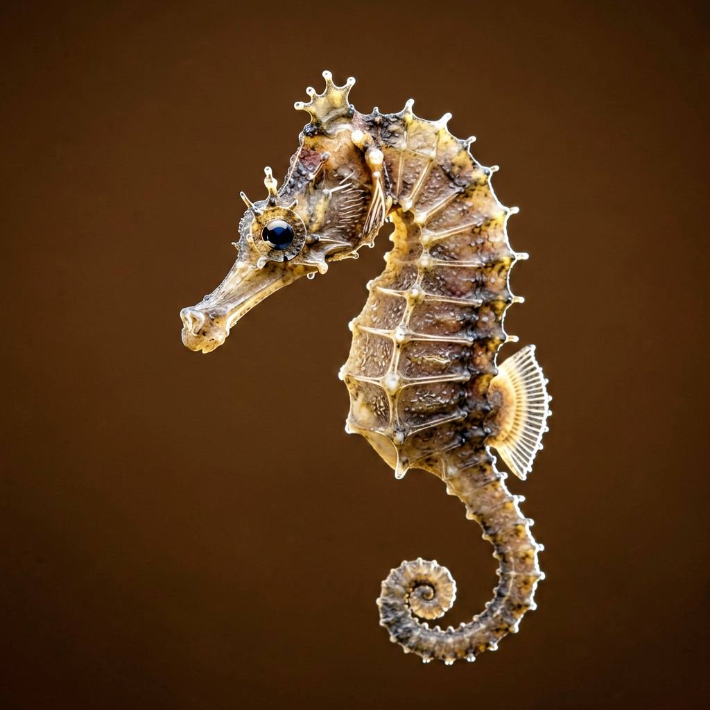 Lined seahorse showing head, coronet and curled tail