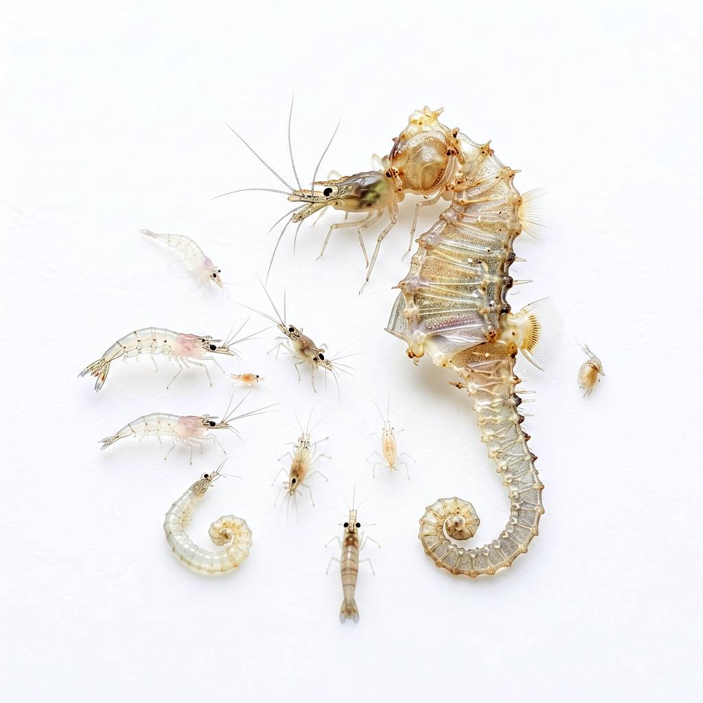 Tiny shrimp and copepods, the lined seahorse's prey