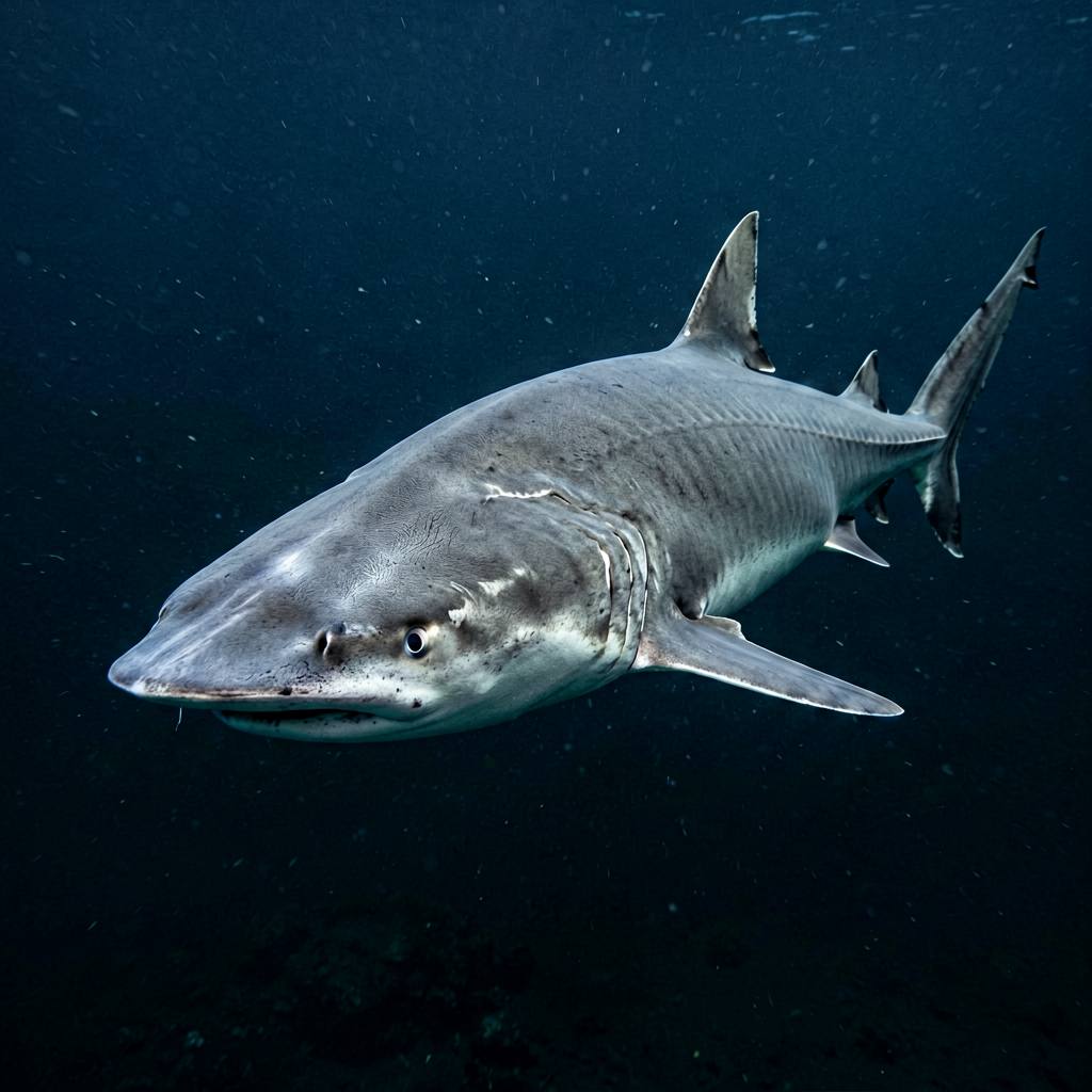 Greenland shark swimming in cold dark water