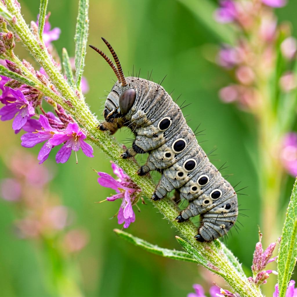 Elephant hawkmoth hovering at honeysuckle flowers
