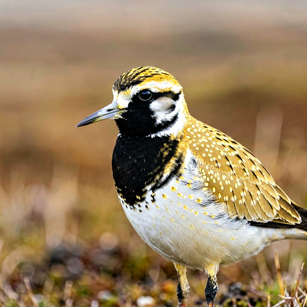 Golden plover in breeding plumage standing on open moorland