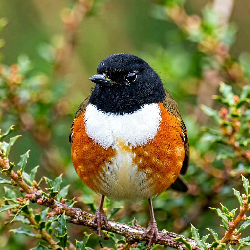 Male European stonechat perched on a gorse twig