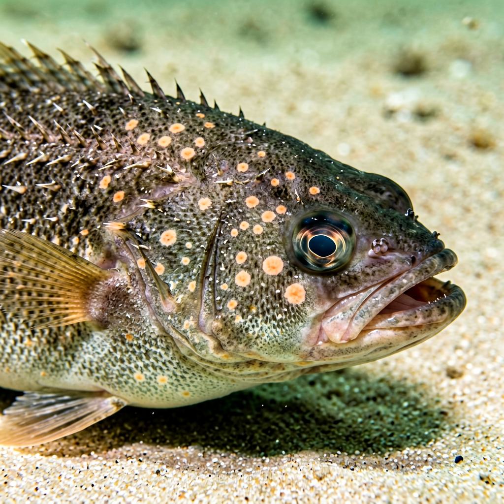 European flounder resting on sand in shallow water