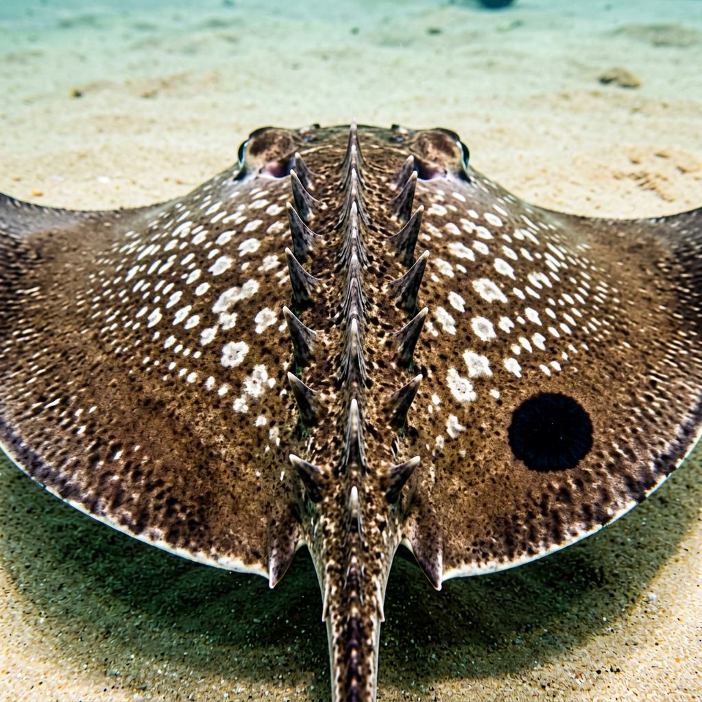 Thornback ray resting on sand with its thorny back exposed