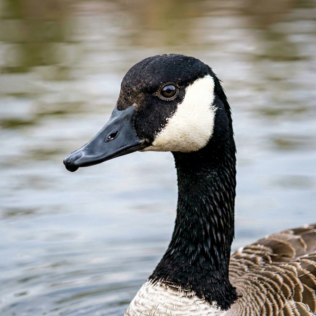 Canada goose standing on mown grass beside a park lake