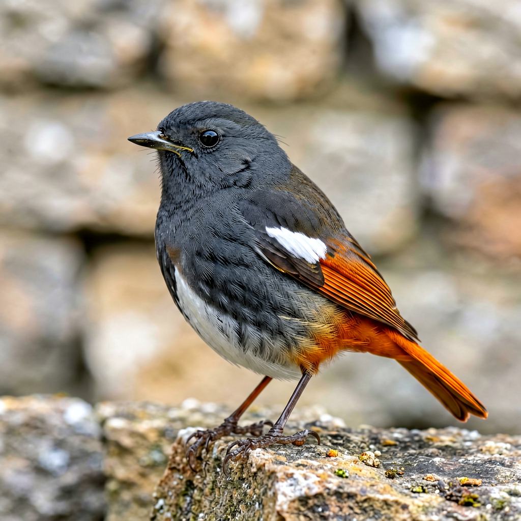 Male black redstart perched on a wall, rusty-red tail showing