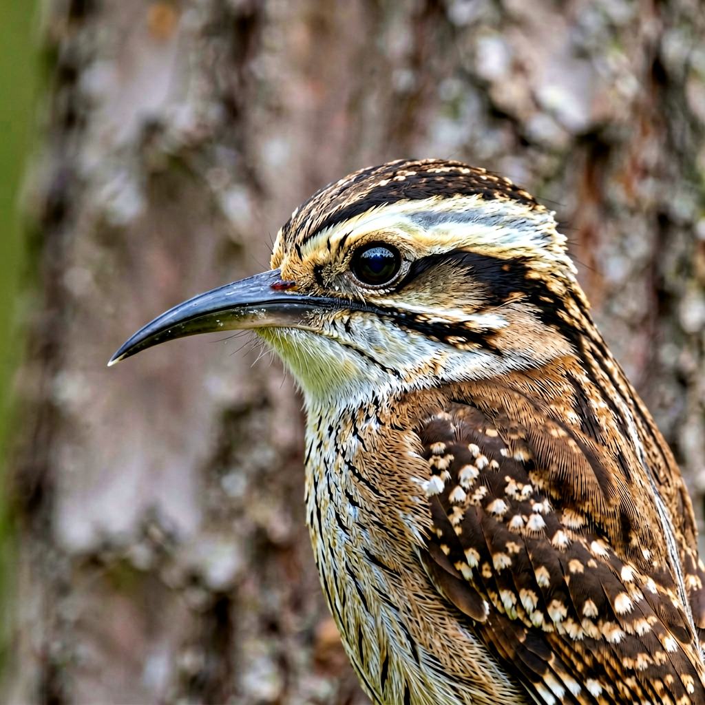 Eurasian treecreeper climbing a trunk with its tail braced against the bark