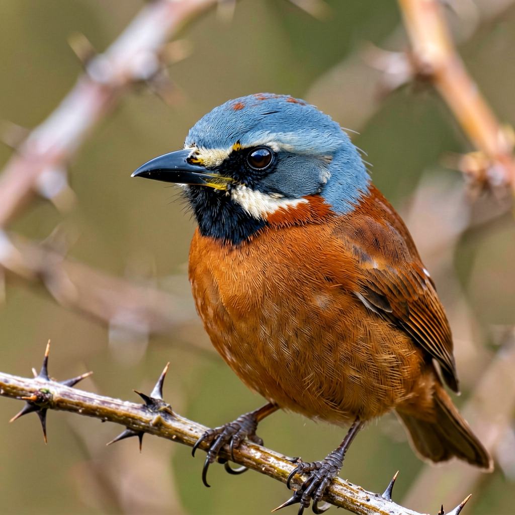 Male red-backed shrike perched on a thorn bush with a chestnut back