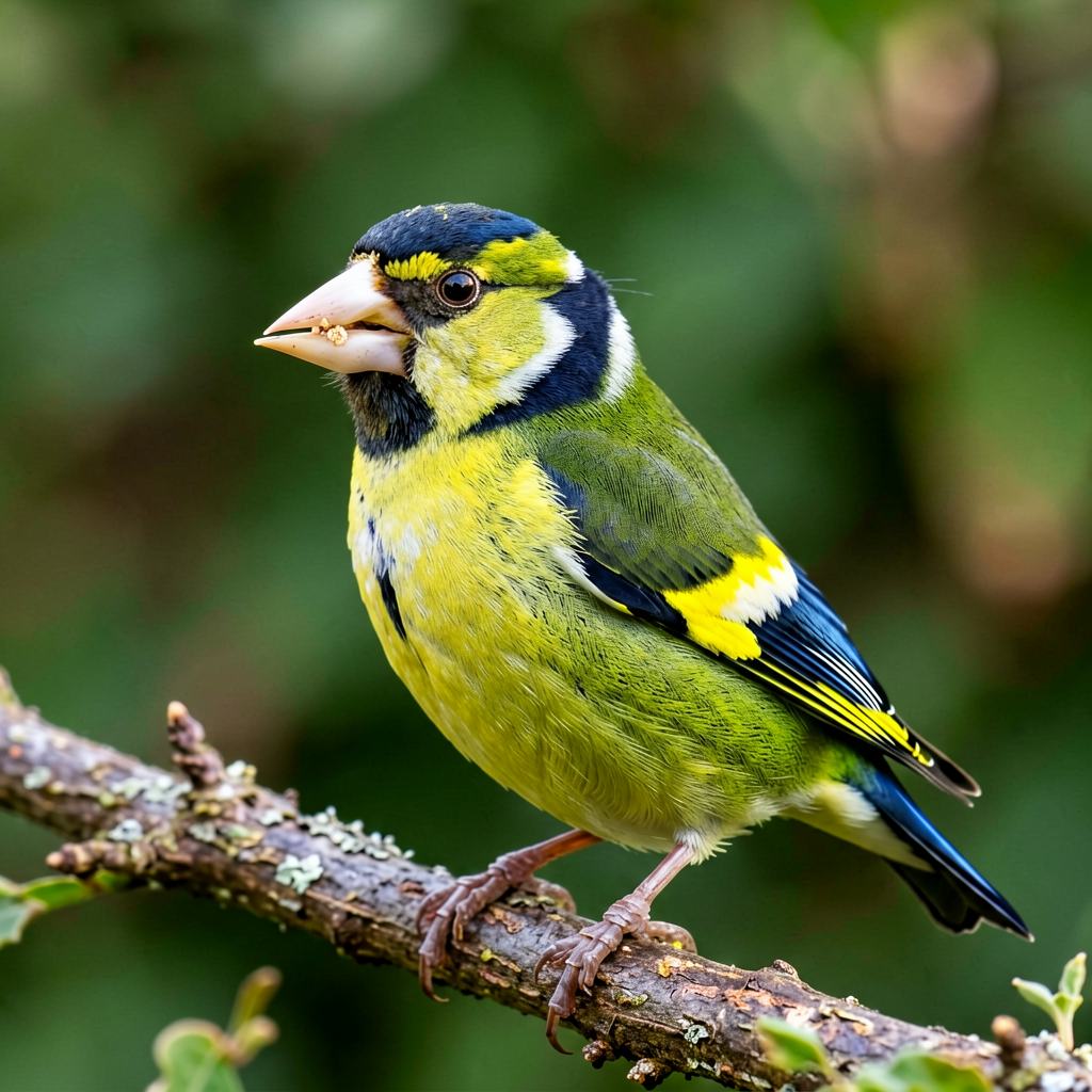 Male European greenfinch at a feeder, showing its heavy pale bill