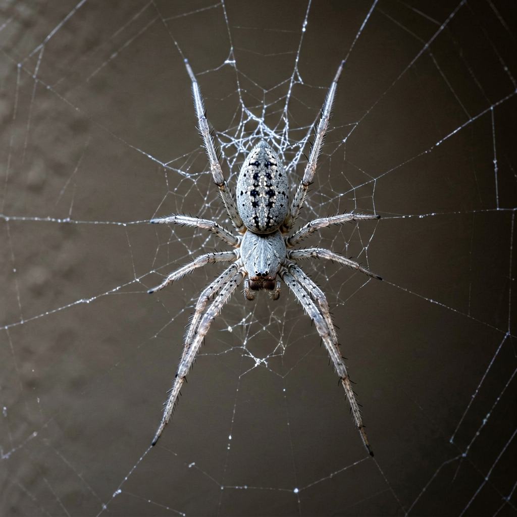 Cellar spider hanging upside down in a corner web on very long legs