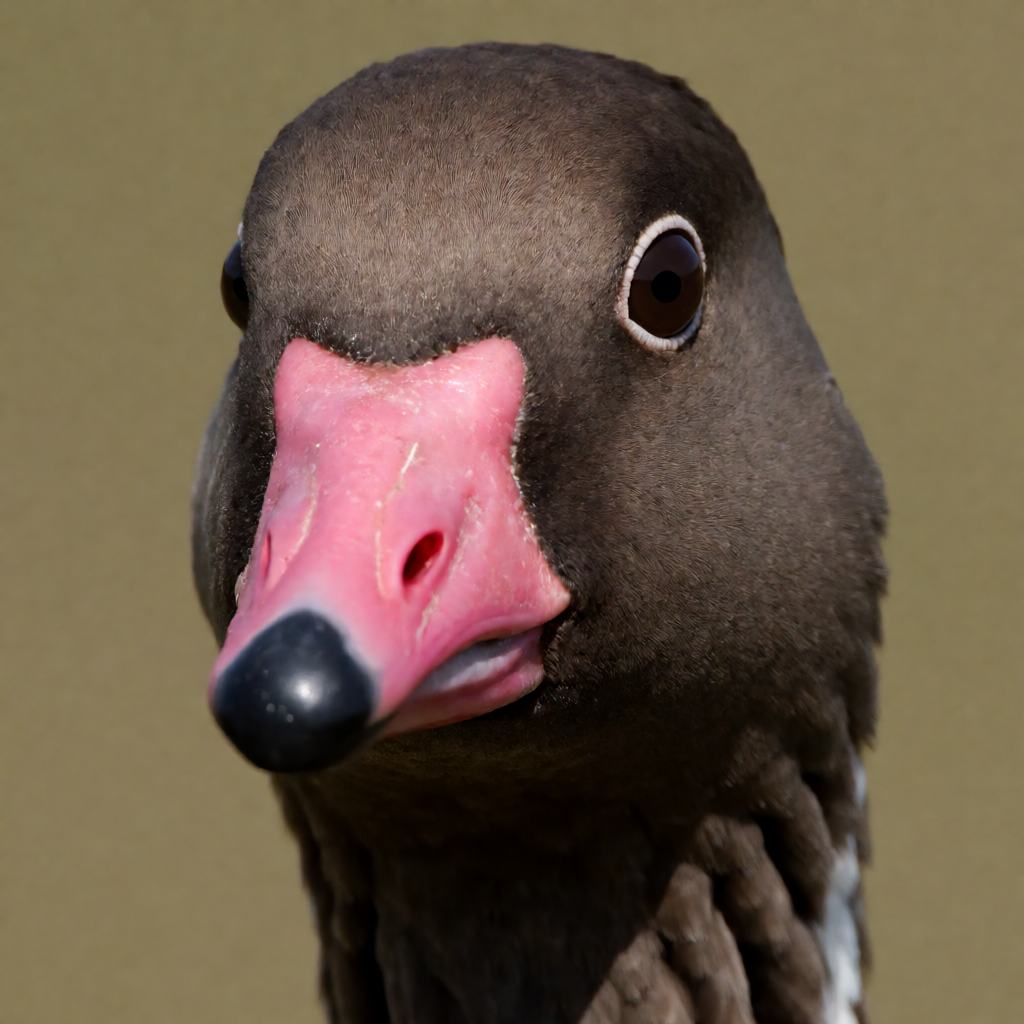 Pink-footed goose standing on pasture, short pink bill and pink legs visible