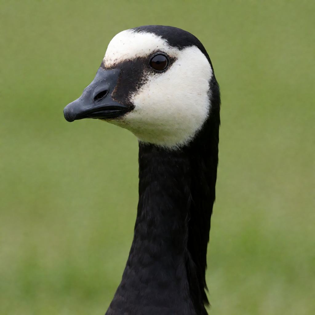 Barnacle goose on saltmarsh, black head, white face, pale grey barred body