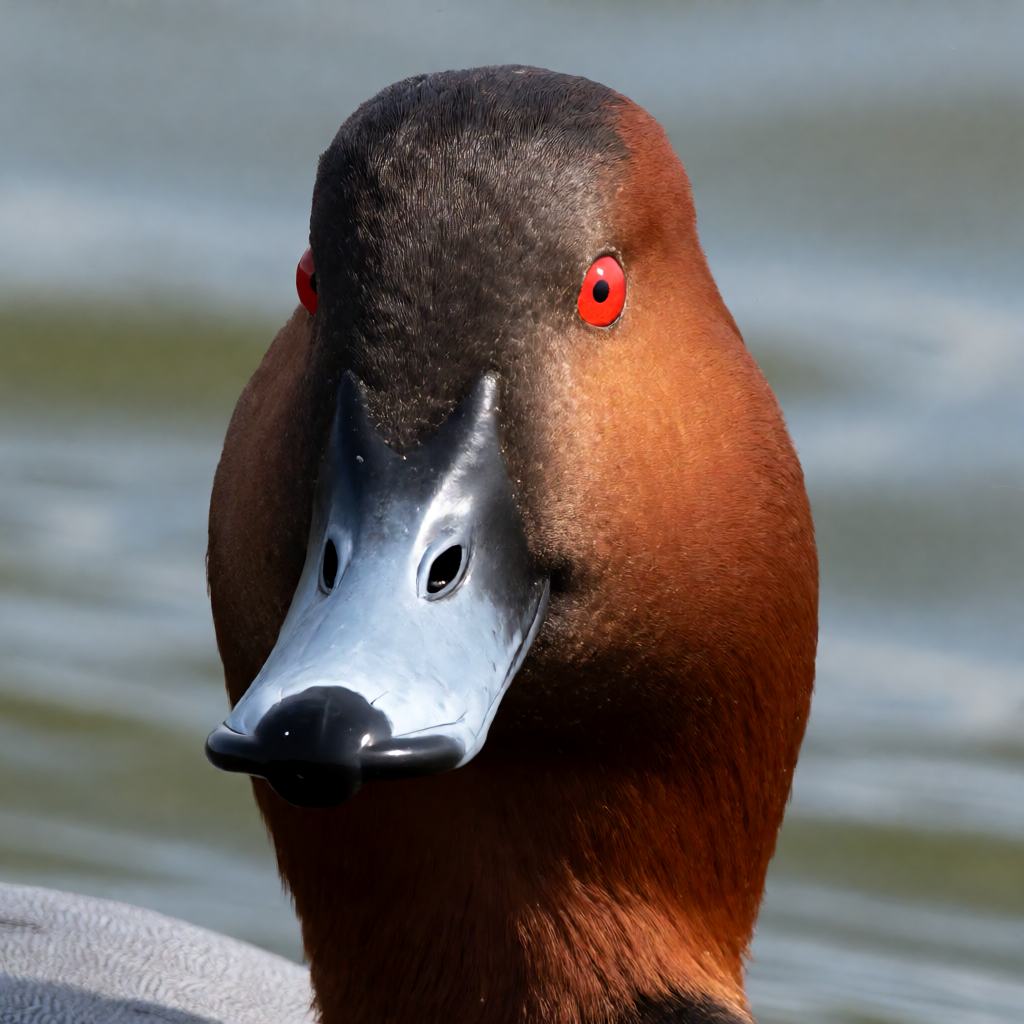 Male common pochard on open water, chestnut-red head, black breast, pale grey body