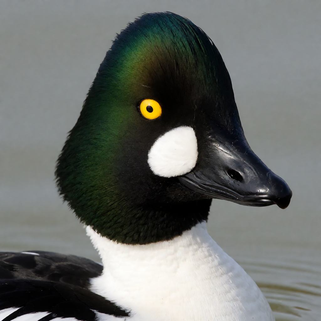 Male common goldeneye on water, glossy green-black head, round white cheek spot