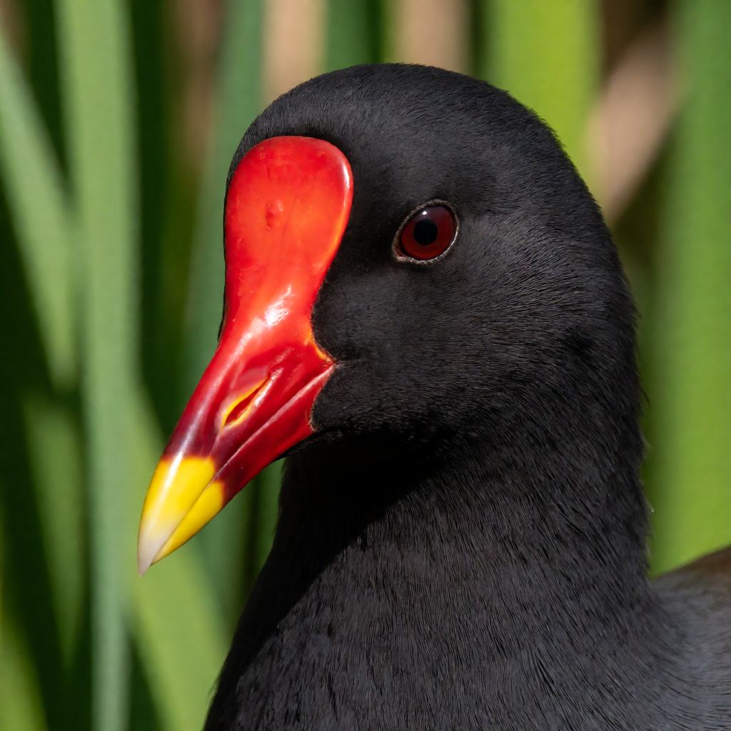 Common moorhen on a pond, slaty-black body, red bill and shield, greenish legs