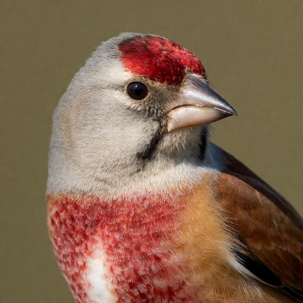 Male common linnet on a gorse stem, grey head, crimson forehead, forked tail