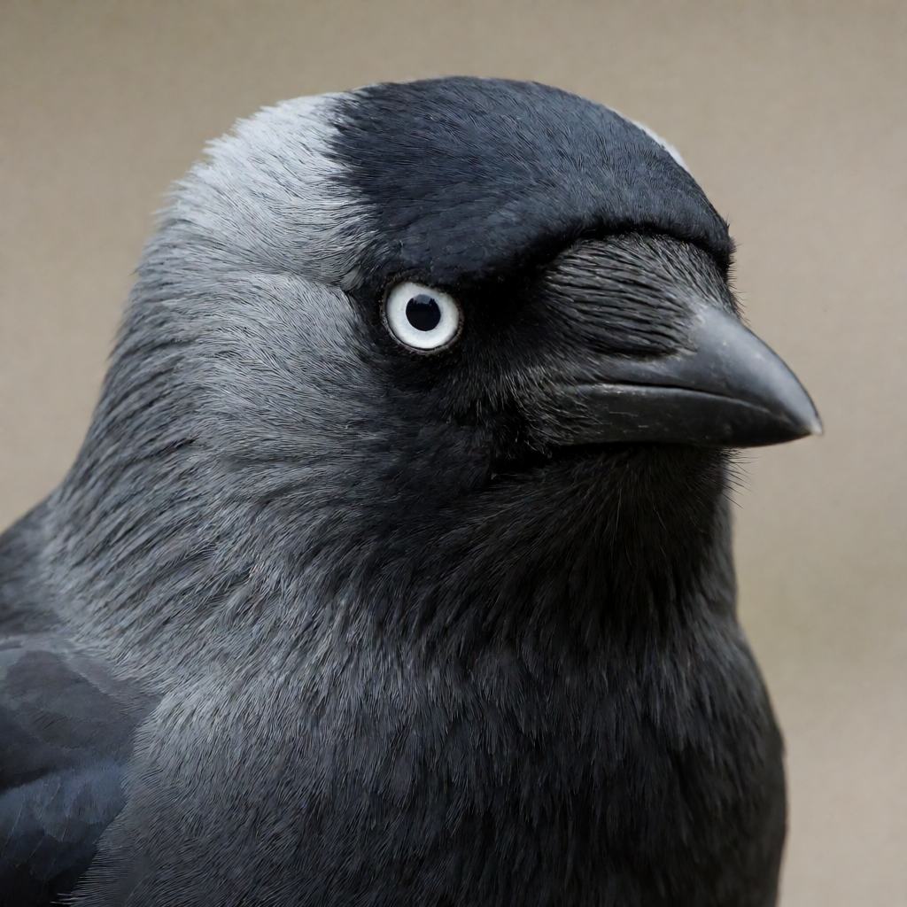 Western jackdaw on a rooftop, black plumage, pale grey nape, pale eye